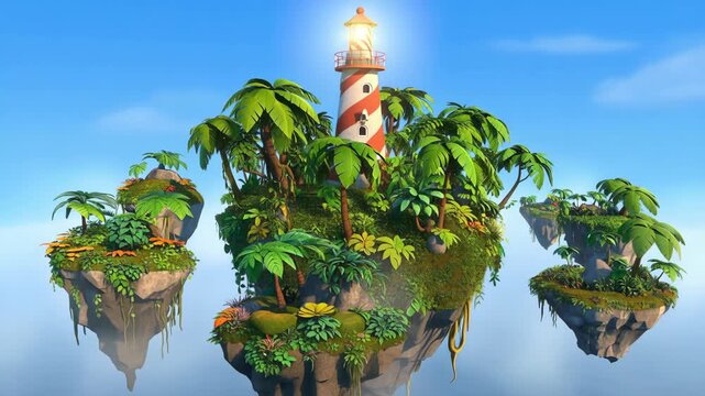 Fantasy tropical islands with lighthouse and palm trees in a blue sky animated floating islands cartoon style animation isolated tropical paradise summer vacation travel destination
