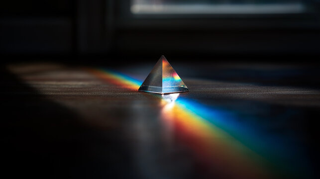 rockwell. Clear glass prism refracting rainbow light spectrum on dark surface. STEM education sheets, lab safety posters, designed for biotech research communications, used by data analysts.