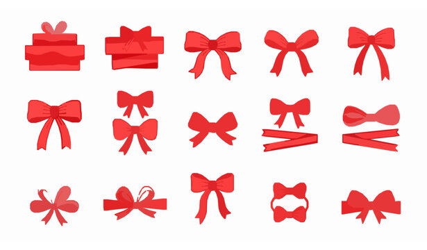 Cute red ribbon bow collection hand drawn flat vector illustration