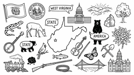 Obraz premium West Virginia State Vector Illustration – Wildlife, Coal Mining, Landmarks, and Cultural Symbols in Black and White for Educational, Decorative, and Graphic Design Projects