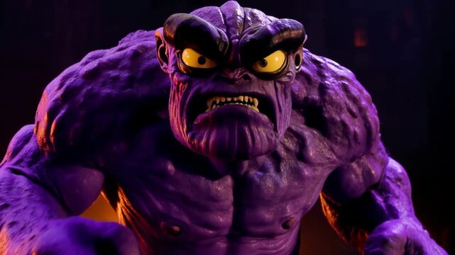 Muscular purple monster with glowing yellow eyes cgi animation