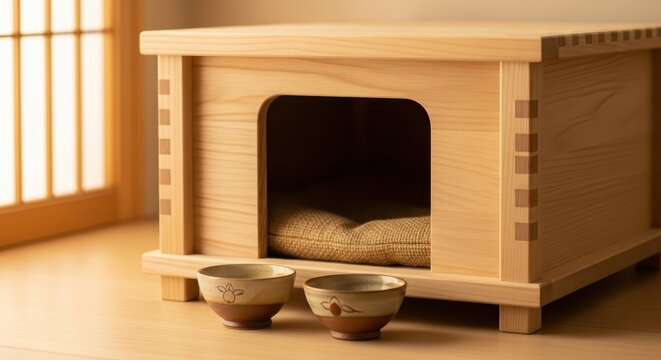 Light wood pet house with cushion and two ceramic bowls on a wooden floor, traditional Japanese shoji screen background