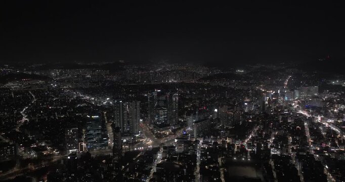 The Endless Stream of Lights: Night Aerial over Hangang River, Yeouido, and Seoul Cityscape