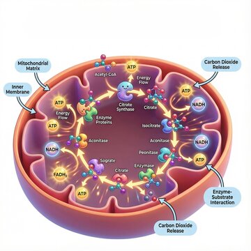 A detailed isometric illustration of the Krebs cycle inside mitochondria, showing enzyme reactions, ATP production, NADH formation, and carbon dioxide release in cellular respiration.