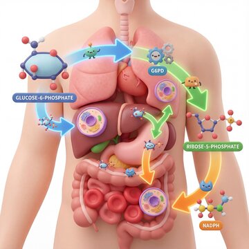 A clear medical illustration explaining the pentose phosphate pathway in the human body, showing glucose metabolism, G6PD activity, NADPH production, and ribose synthesis.
