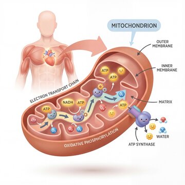 A detailed educational illustration of mitochondrial oxidative phosphorylation, showing the electron transport chain, ATP synthase, oxygen use, and cellular energy production in humans.