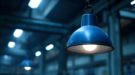 Obraz premium Close up of a blue industrial hanging lamp with an illuminated bulb in a dimly lit warehouse interior