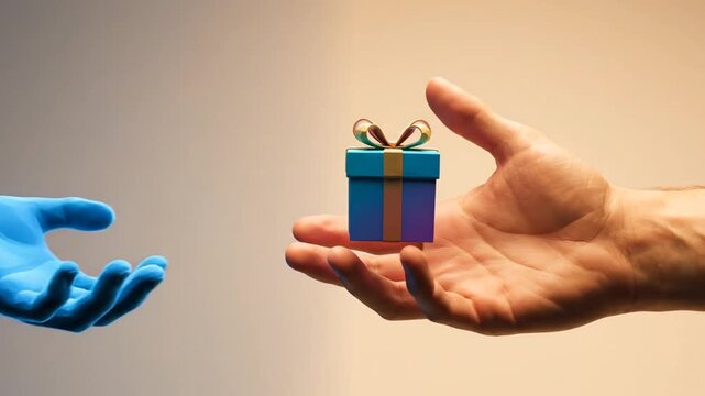 A glowing blue digital hand passes a stylized gift box to a realistic human hand in a conceptual exchange, set against shifting split-tone backgrounds.
