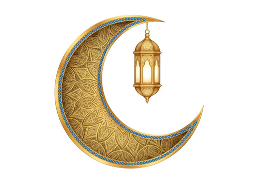 Golden crescent moon with intricate pattern and lantern