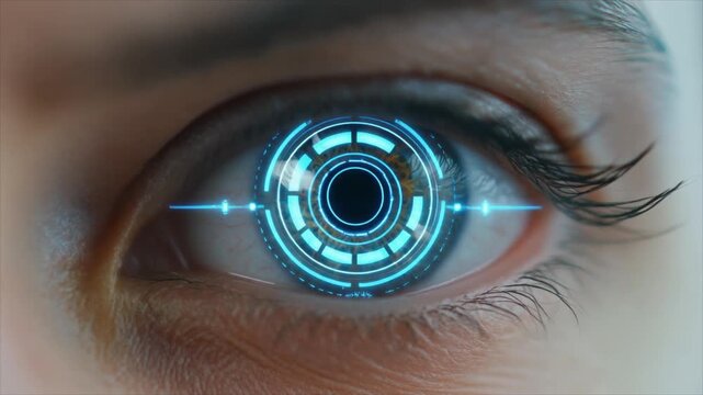 Futuristic bionic iris overlay on human eye, showcasing advanced technology and digital interface for enhanced vision and cybernetic integration