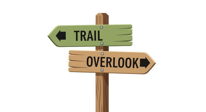 Wooden directional signpost with 'TRAIL' and 'OVERLOOK' text