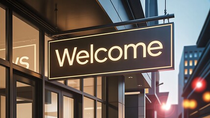 Obraz premium Welcome sign glowing outside modern storefront at dusk 