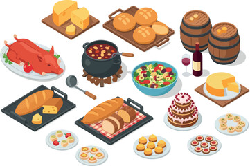 A delightful spread of assorted foods including a roasted pig, fresh bread, cheeses, a layered cake, and various appetizers, perfect for any feast or celebration