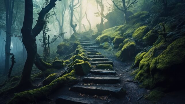 The moss-covered stone path ascends through a dense, mystical fog toward a blinding, ethereal light.
