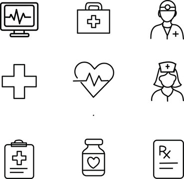 Science and medical research icons set, DNA, test tube, syringe, pill, hospital, stethoscope, brain, report, chart, magnifying glass, atom, icone set