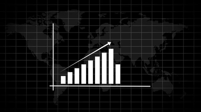 Global economic growth represented by a rising bar graph on a world map.
