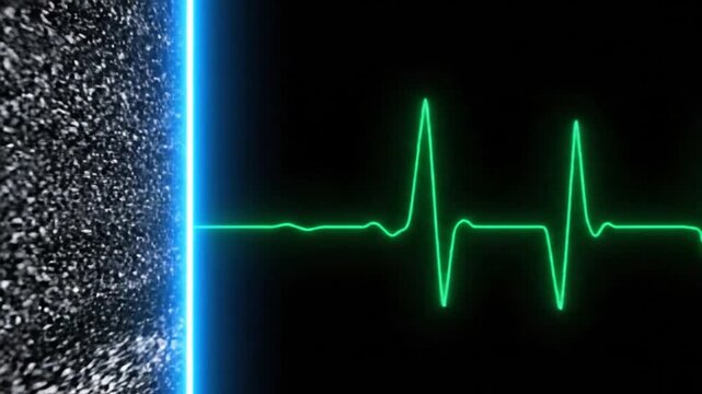 A rhythmic, neon green ECG heartbeat line pulses and moves across the screen, emerging from a bright blue vertical light next to a shimmering granular texture.