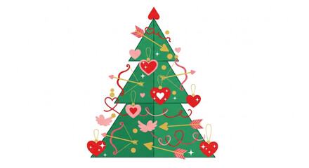 Stylized Christmas Tree with Heart Ornaments and Romantic Decorations, Vector Illustration