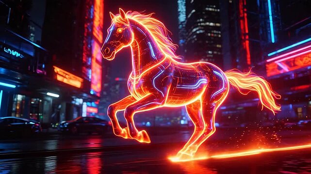 Glowing neon horse in city