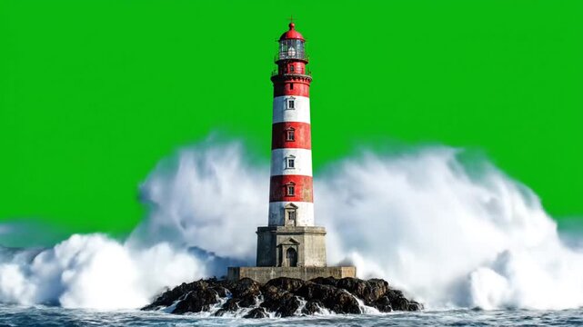 Lighthouse stands on rocky shore against turbulent waves