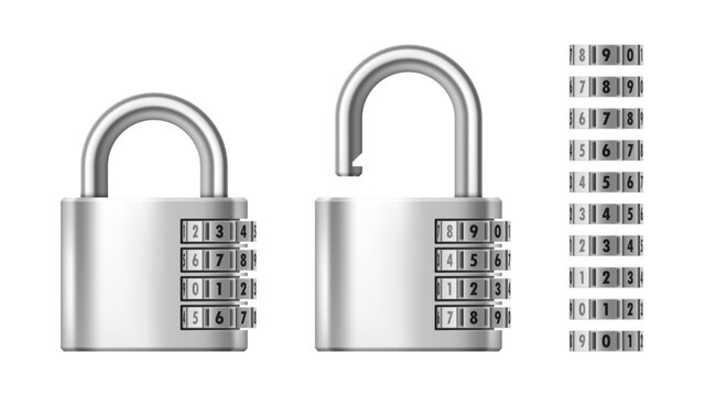 Vector locked and unlocked combination locks with all numbers related to security, safety, protection. Realistic illustration isolated on white background