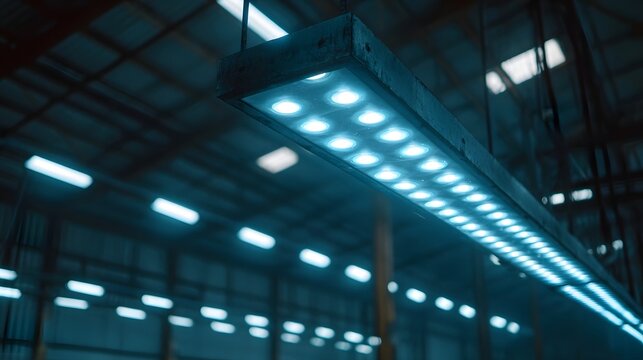 Modern industrial warehouse interior illuminated by bright blue LED lights