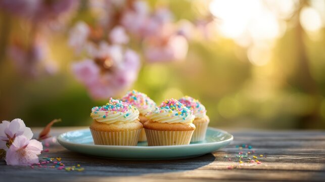 Vanilla Cupcakes with Rainbow Sprinkles on Blue Plate in Spring Garden for Celebration Marketing Banner and Copy Space Layout