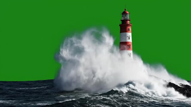 Lighthouse stands strong against crashing waves in stormy seas