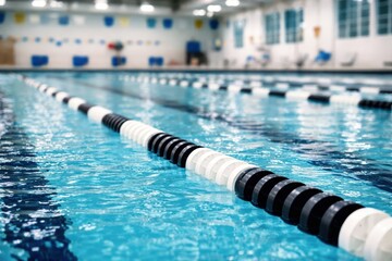 Schwimmhalle mit Nahaufnahme auf zwei Bahnen und schwarz-wei&szlig;e Trennung dazwischen