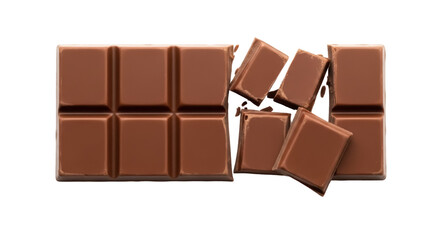 Fototapeta premium Milk chocolate bar with broken pieces isolated PNG, sweet dessert treat for confectionery and baking on transparent background