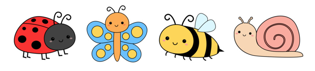 Snail, lady bug ladybird butterfly bee bumblebee insect contour icon set line. Ladybug. Cute cartoon kawaii funny baby character. Sticker print. Childish style. Flat design. White background. Vector © worldofvector