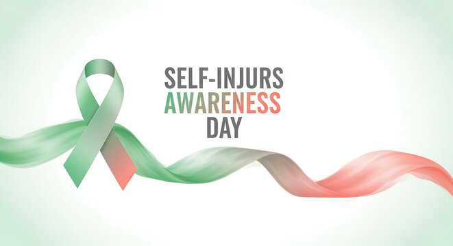 A light green and reddish-orange ribbon illustration for self-injury awareness day on a gradient background