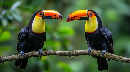 Obraz premium Two bright toucans on a branch in a tropical forest showcase the beauty of nature, making them the perfect natural backdrop for environmental initiatives or tourist brochures.