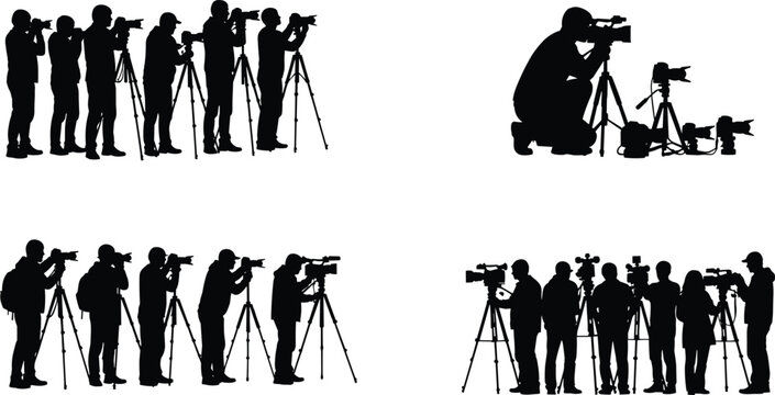Silhouette collection of professional photographers and videographers using cameras on tripods, capturing media content at a press conference, red carpet, or sporting event.