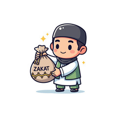 Obraz premium A cute cartoon Muslim boy happily holding a sack labeled Zakat, representing Islamic charity and giving.