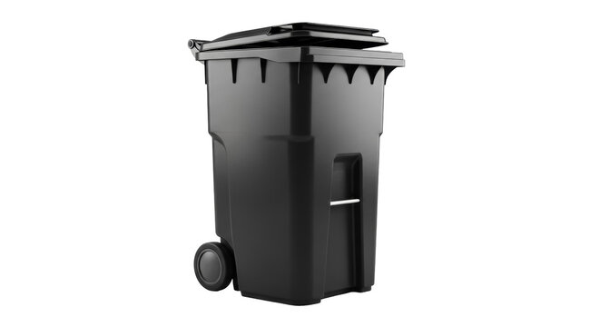Black plastic garbage can PNG isolated on transparent background, wheeled trash container for waste management and recycling