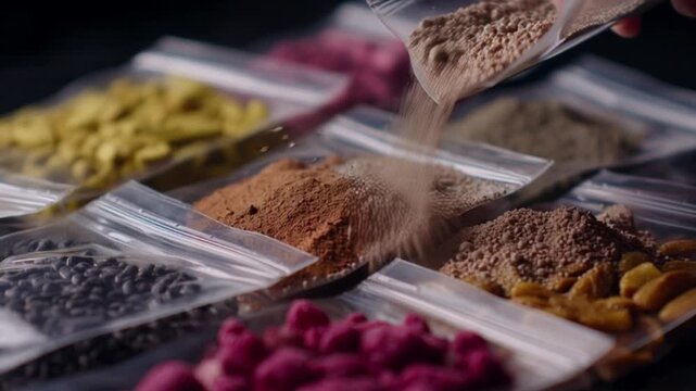 Spices being poured into small containers.