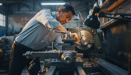 旋盤作業を行う日本人技術者 精密加工の製造現場