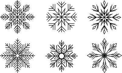  Black silhouette collection of six unique geometric snowflakes, featuring intricate symmetrical ice crystal designs perfect for winter holiday greeting cards, seasonal branding, and festive decoratio