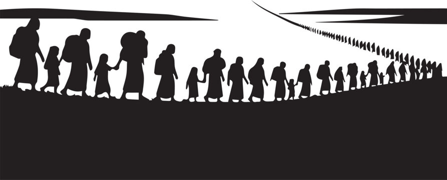 People exodus silhouette vector illustration long line refugees walking across land