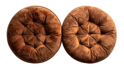 Two round brown velvet tufted cushions set against a black background