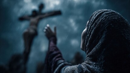 Woman mourning at the foot of the cross of Jesus Christ during a stormy day. Good Friday, Easter concept, biblical scene.