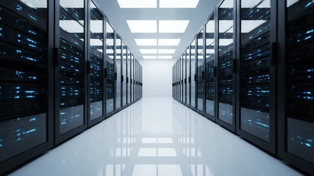 Smooth, symmetrical forward shot through a modern data center aisle. Rows of towering server racks glow with pulsing blue lights, reflecting brightly off the polished white floor and ceiling.
