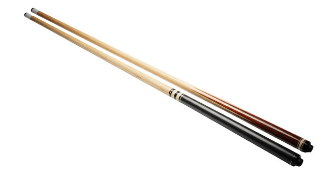 Two pool cues isolated PNG on transparent background, billiards equipment for game room and recreation