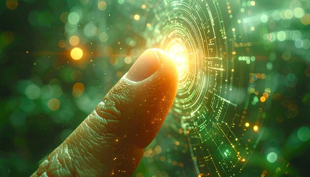 Digital Touch: A close-up shot of a finger touching an illuminated digital interface, symbolizing technology, security, and access, with bokeh background