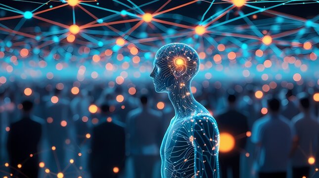 abstract glowing nodes with connection forming human silhouette in bokeh lights with crowd background