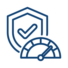 Blue icon of shield with checkmark and speedometer isolated on transparent background