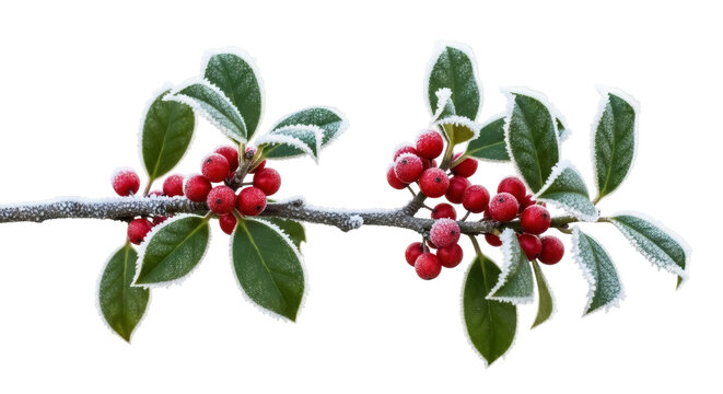 Frosty winterberry branch PNG isolated on transparent background, festive red berries and green leaves covered in frost for holiday designs