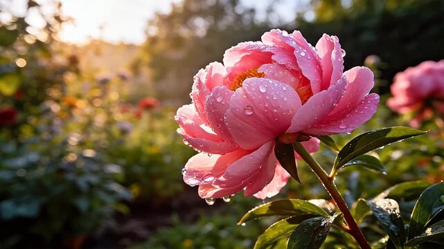 Pink peony flower with water droplets