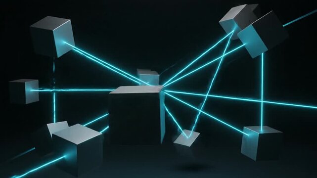 The video shows a complex 3D network of metallic cubes in motion, interconnected by vibrant, pulsing cyan laser lines. The structure continuously shifts and reconfigures against a dark background, re